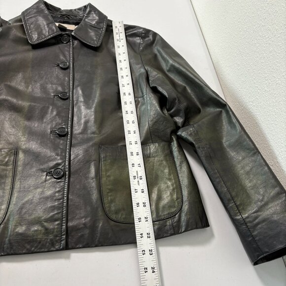 J Crew Leather Jacket Womens S Black Green Iridescent Button Front Pockets - Picture 10 of 11